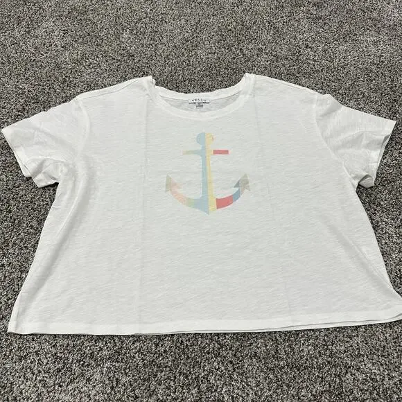 New with tags, VENUS White Cropped Anchor Short Sleeve Shirt Top, Size XL - Picture 2 of 9